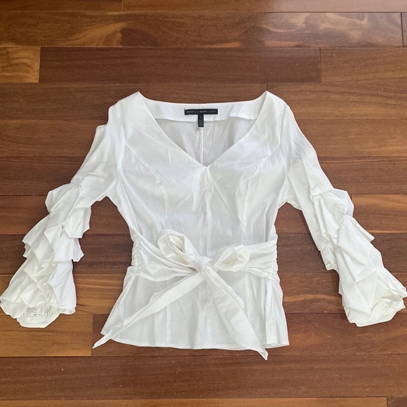 WHBM White House Black Market White Tie Front Puff Sleeve Blouse Size 0 - Picture 2 of 5